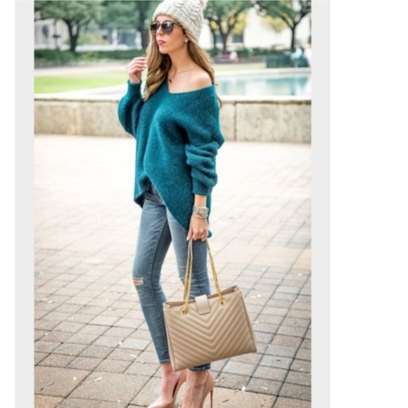 ⭐️ Free People All Mine V Neck Slouchy Alpaca Teal Blue Green Sweater MEDIUM - Picture 5 of 15